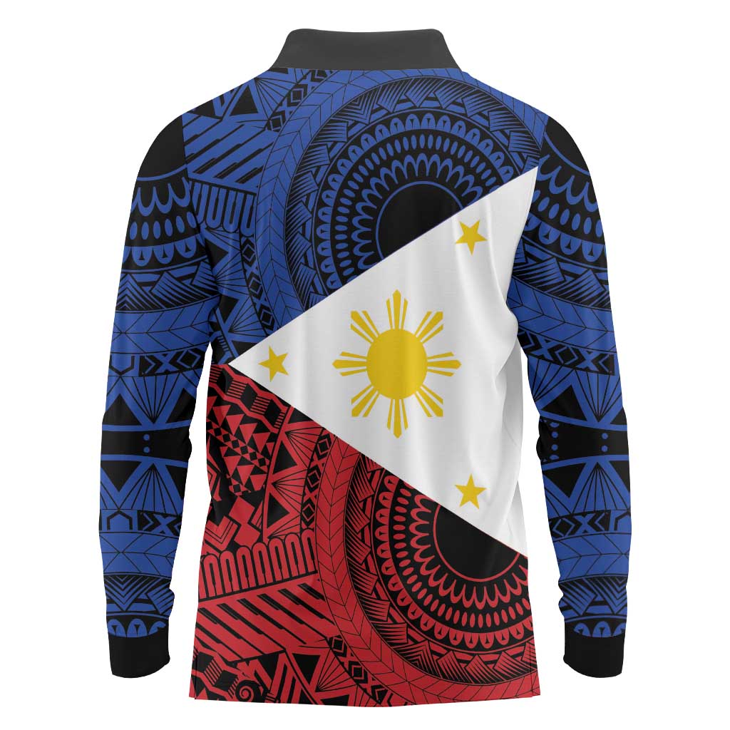 Philippines National Flag Day Long Sleeve Polo Shirt Filipino Tribal Pattern