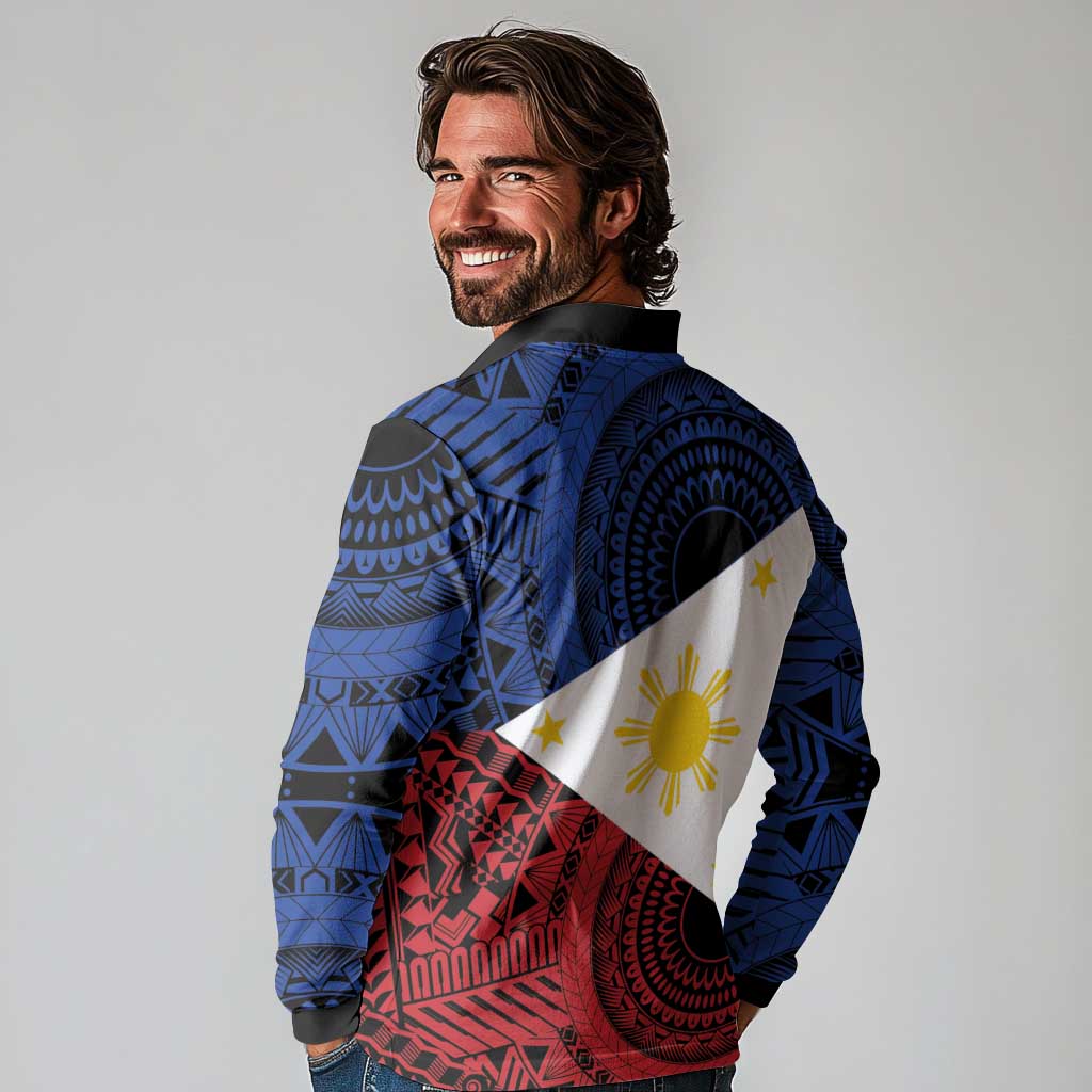 Philippines National Flag Day Long Sleeve Polo Shirt Filipino Tribal Pattern