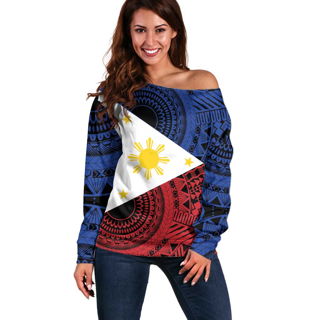 Philippines National Flag Day Off Shoulder Sweater Filipino Tribal Pattern