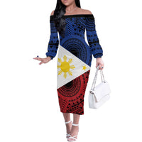 Philippines National Flag Day Off The Shoulder Long Sleeve Dress Filipino Tribal Pattern