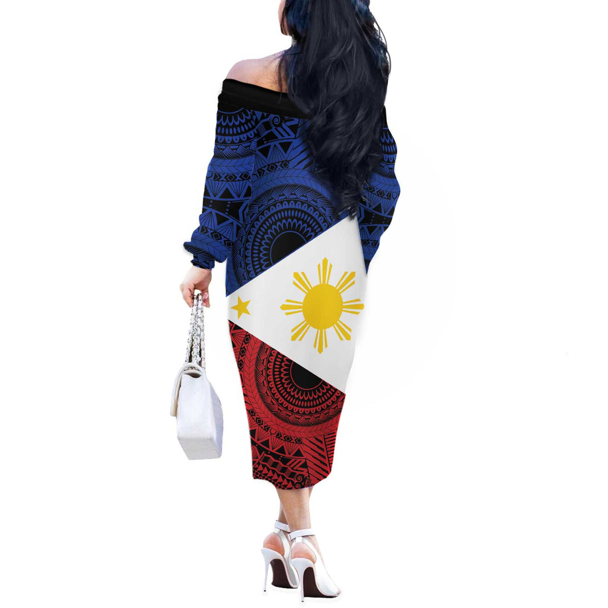 Philippines National Flag Day Off The Shoulder Long Sleeve Dress Filipino Tribal Pattern
