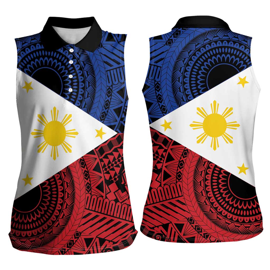 Philippines National Flag Day Women Sleeveless Polo Shirt Filipino Tribal Pattern