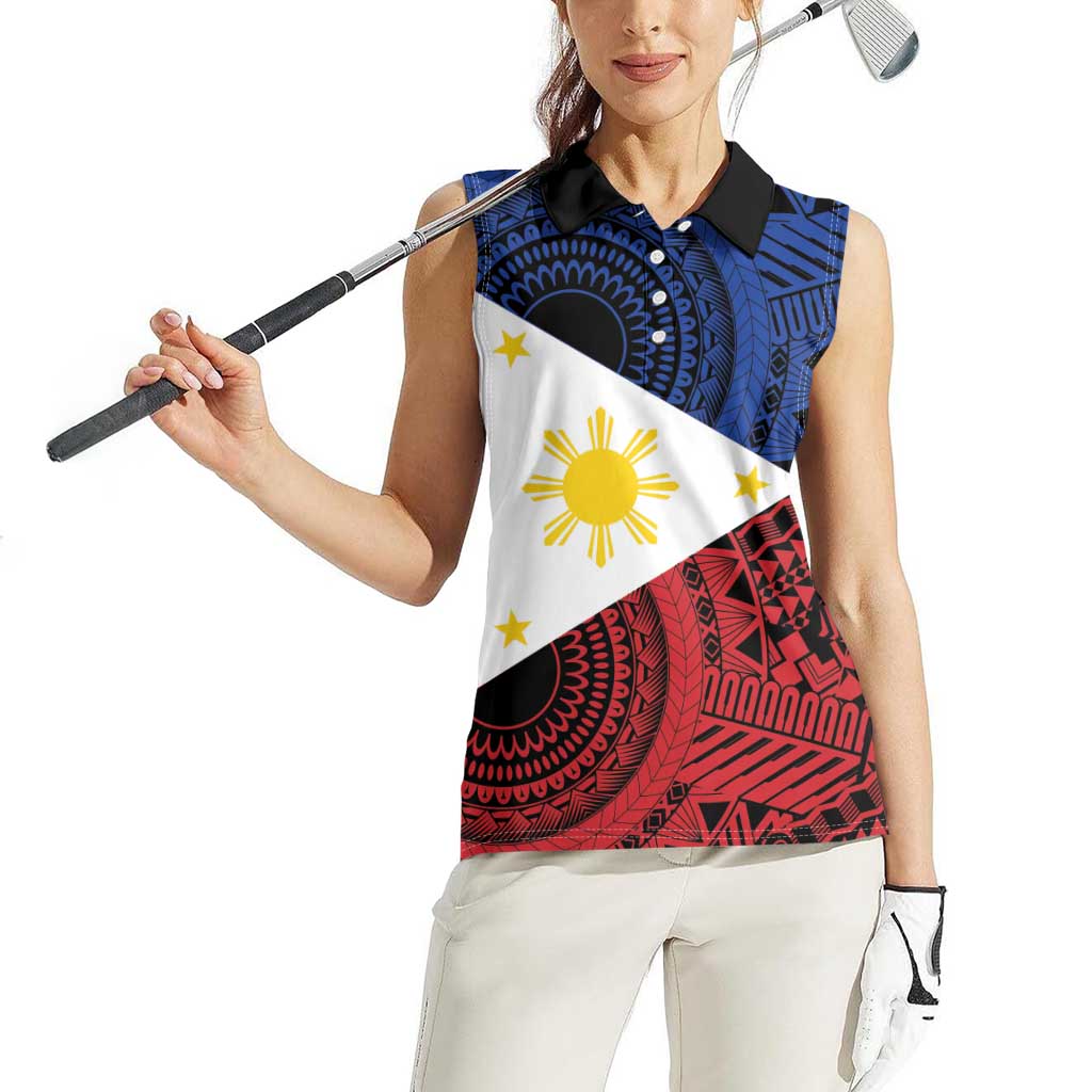 Philippines National Flag Day Women Sleeveless Polo Shirt Filipino Tribal Pattern
