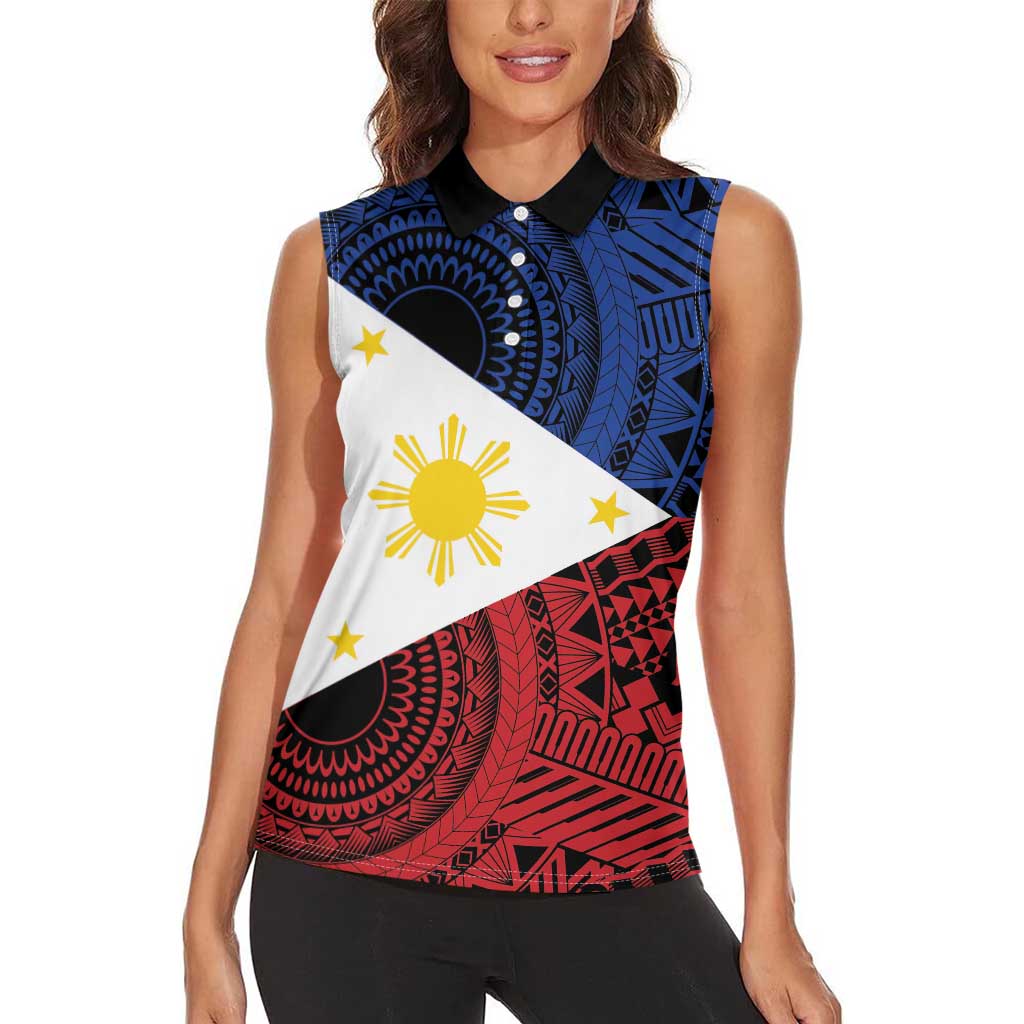 Philippines National Flag Day Women Sleeveless Polo Shirt Filipino Tribal Pattern