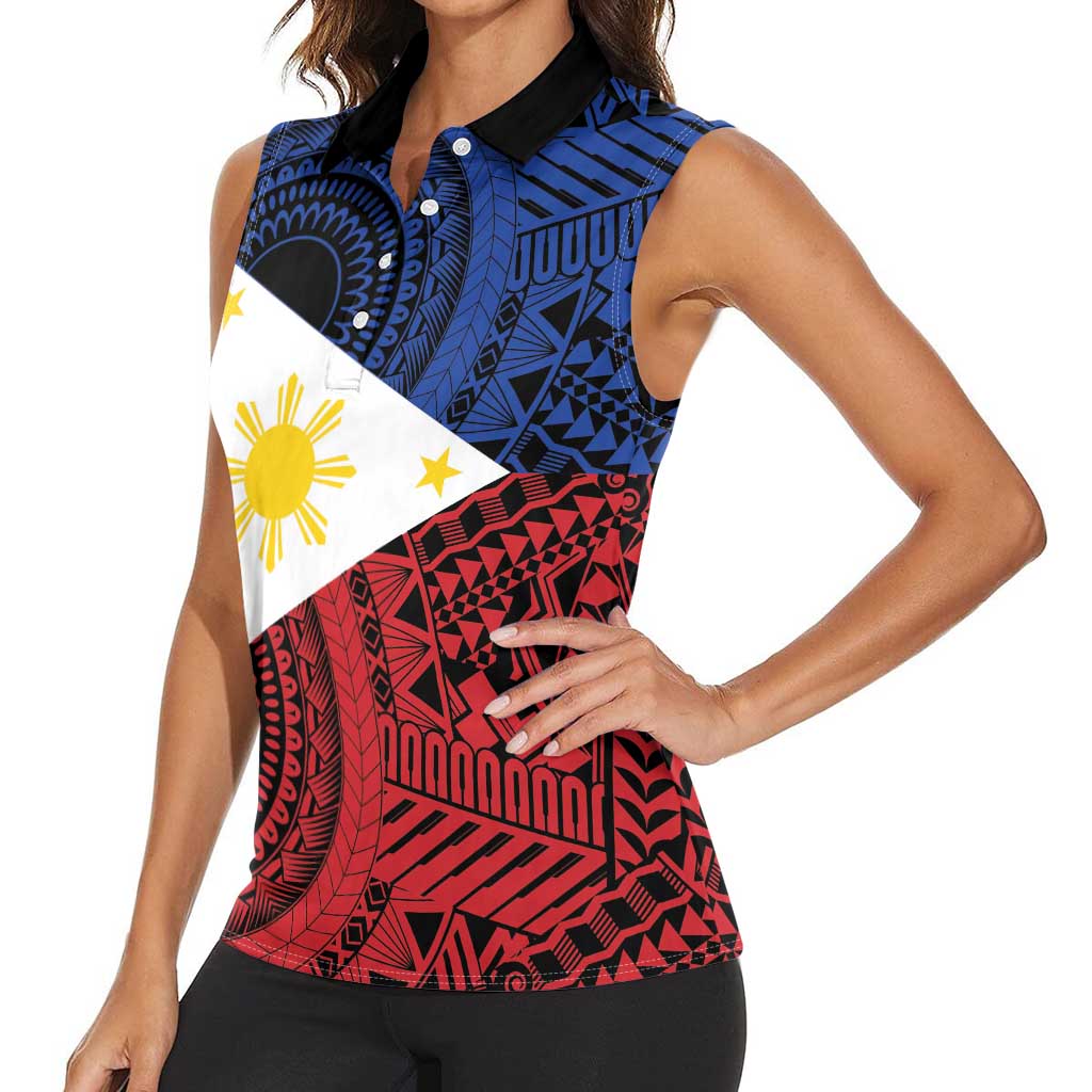 Philippines National Flag Day Women Sleeveless Polo Shirt Filipino Tribal Pattern