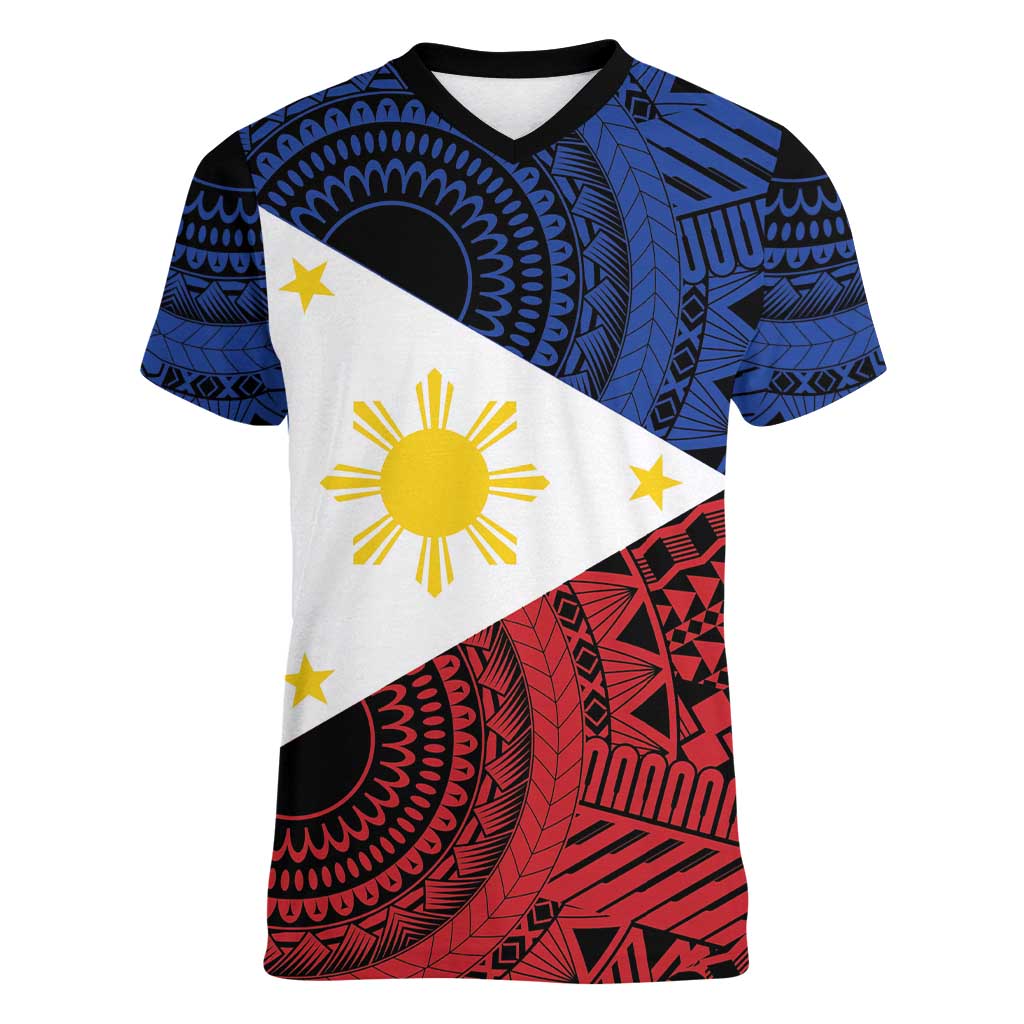 Philippines National Flag Day Women V-Neck T-Shirt Filipino Tribal Pattern