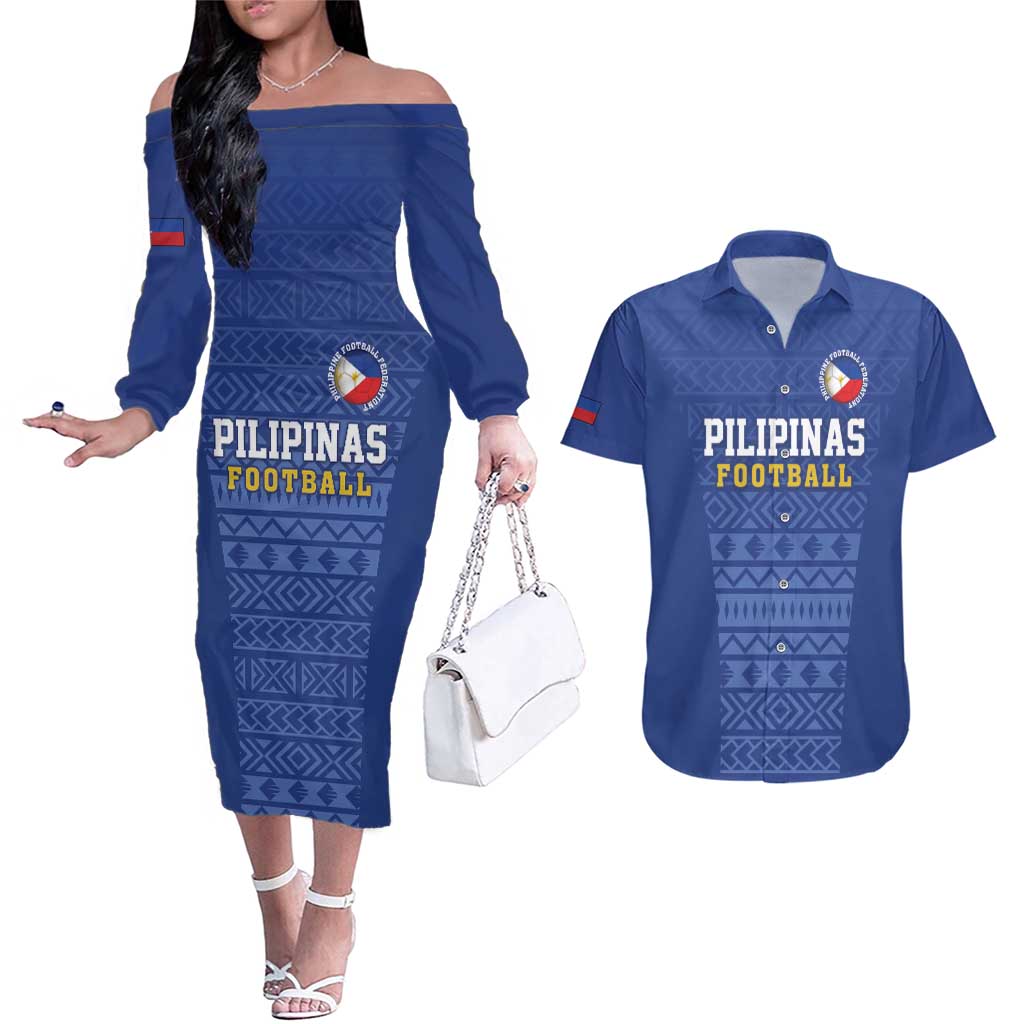Custom Philippines Football Couples Matching Off The Shoulder Long Sleeve Dress and Hawaiian Shirt Pambansang koponan ng futbol ng Pilipinas