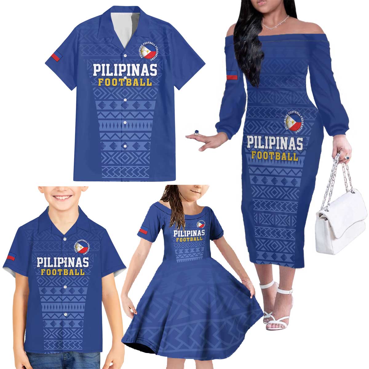 Custom Philippines Football Family Matching Off The Shoulder Long Sleeve Dress and Hawaiian Shirt Pambansang koponan ng futbol ng Pilipinas