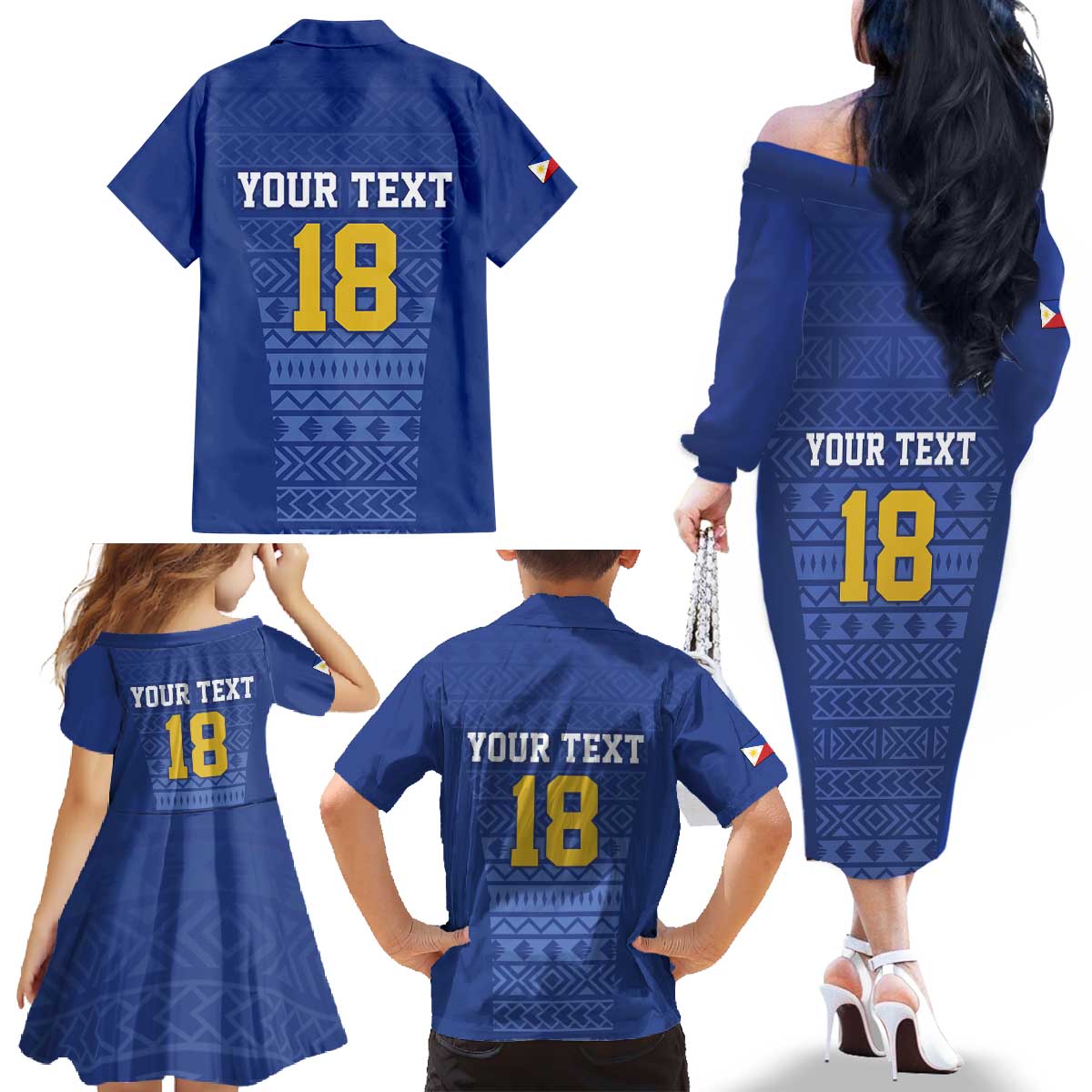 Custom Philippines Football Family Matching Off The Shoulder Long Sleeve Dress and Hawaiian Shirt Pambansang koponan ng futbol ng Pilipinas