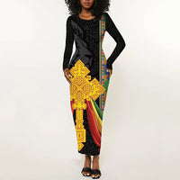 Ethiopia Lion Cross Long Sleeve Bodycon Dress Habesha Heritage Style