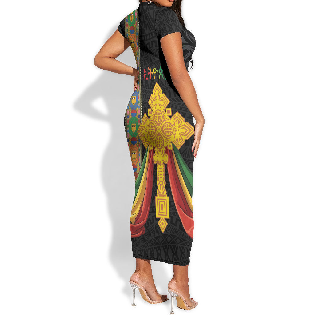 Ethiopia Lion Cross Short Sleeve Bodycon Dress Habesha Heritage Style