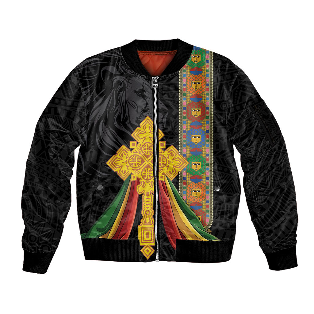 Ethiopia Lion Cross Sleeve Zip Bomber Jacket Habesha Heritage Style