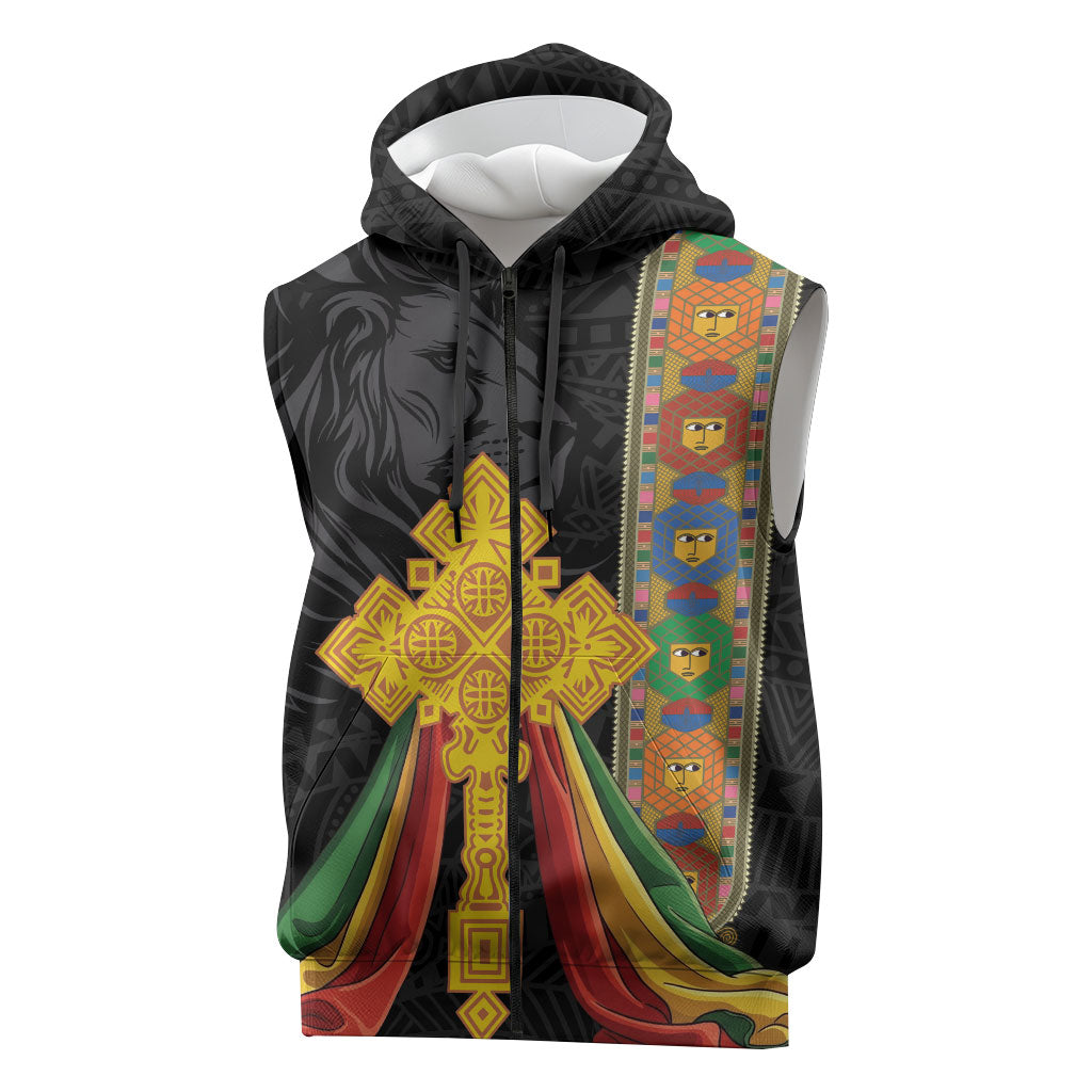 Ethiopia Lion Cross Sleeveless Zip Hoodie Habesha Heritage Style