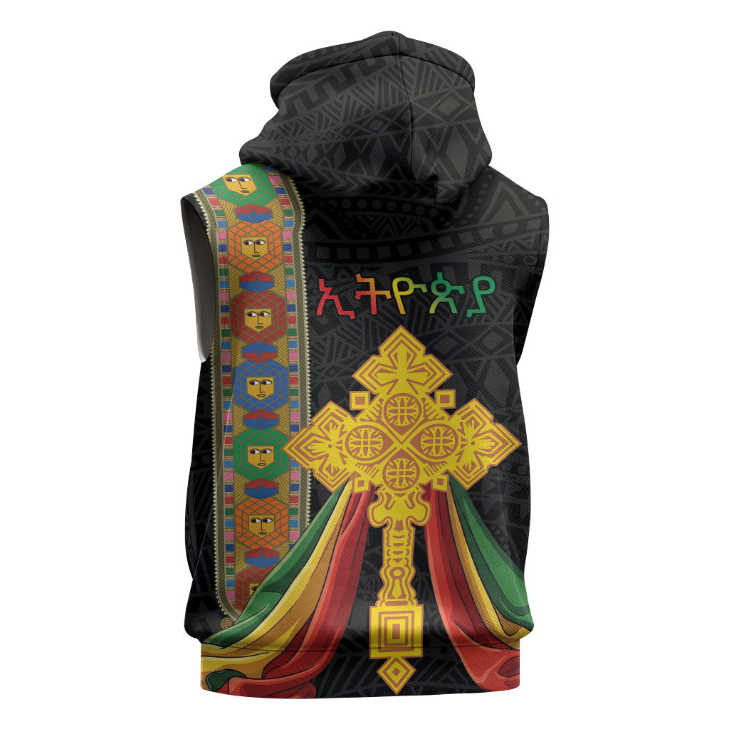Ethiopia Lion Cross Sleeveless Zip Hoodie Habesha Heritage Style
