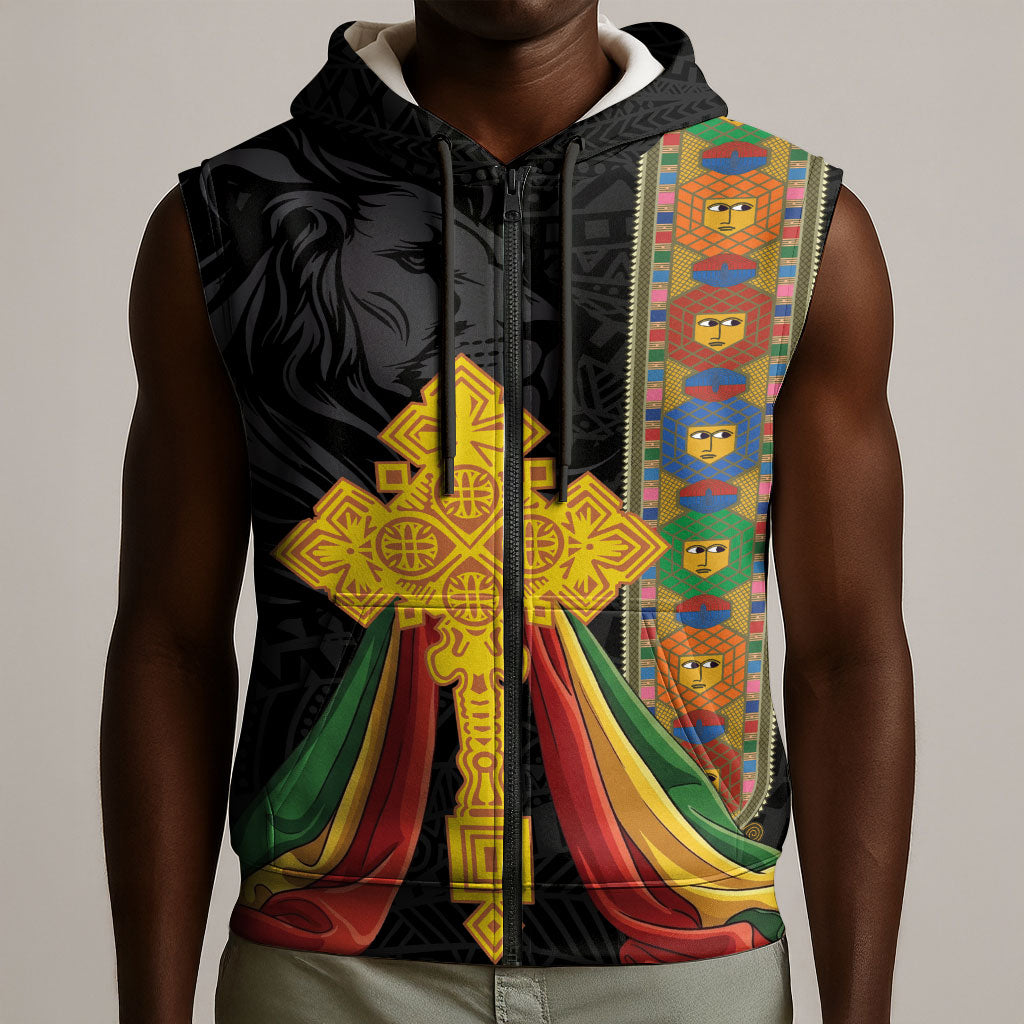 Ethiopia Lion Cross Sleeveless Zip Hoodie Habesha Heritage Style