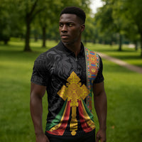 Ethiopia Lion Cross Zipper Polo Shirt Habesha Heritage Style