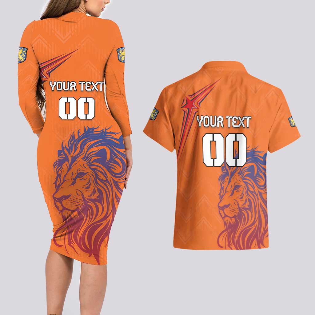 Custom Netherlands Football Couples Matching Long Sleeve Bodycon Dress and Hawaiian Shirt Oranje Lion - Wonder Print Shop