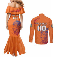 Custom Netherlands Football Couples Matching Mermaid Dress and Long Sleeve Button Shirt Oranje Lion
