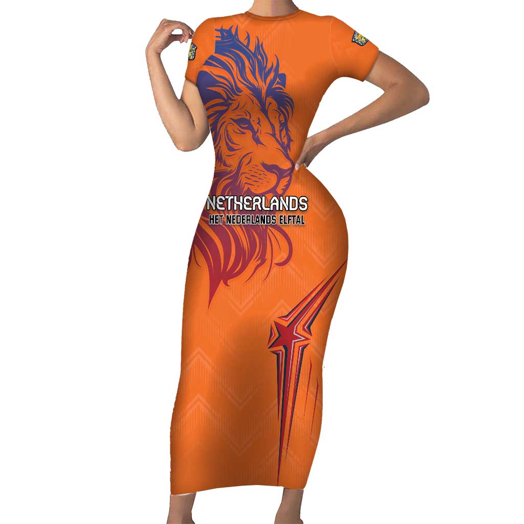 Custom Netherlands Football Short Sleeve Bodycon Dress Oranje Lion - Wonder Print Shop