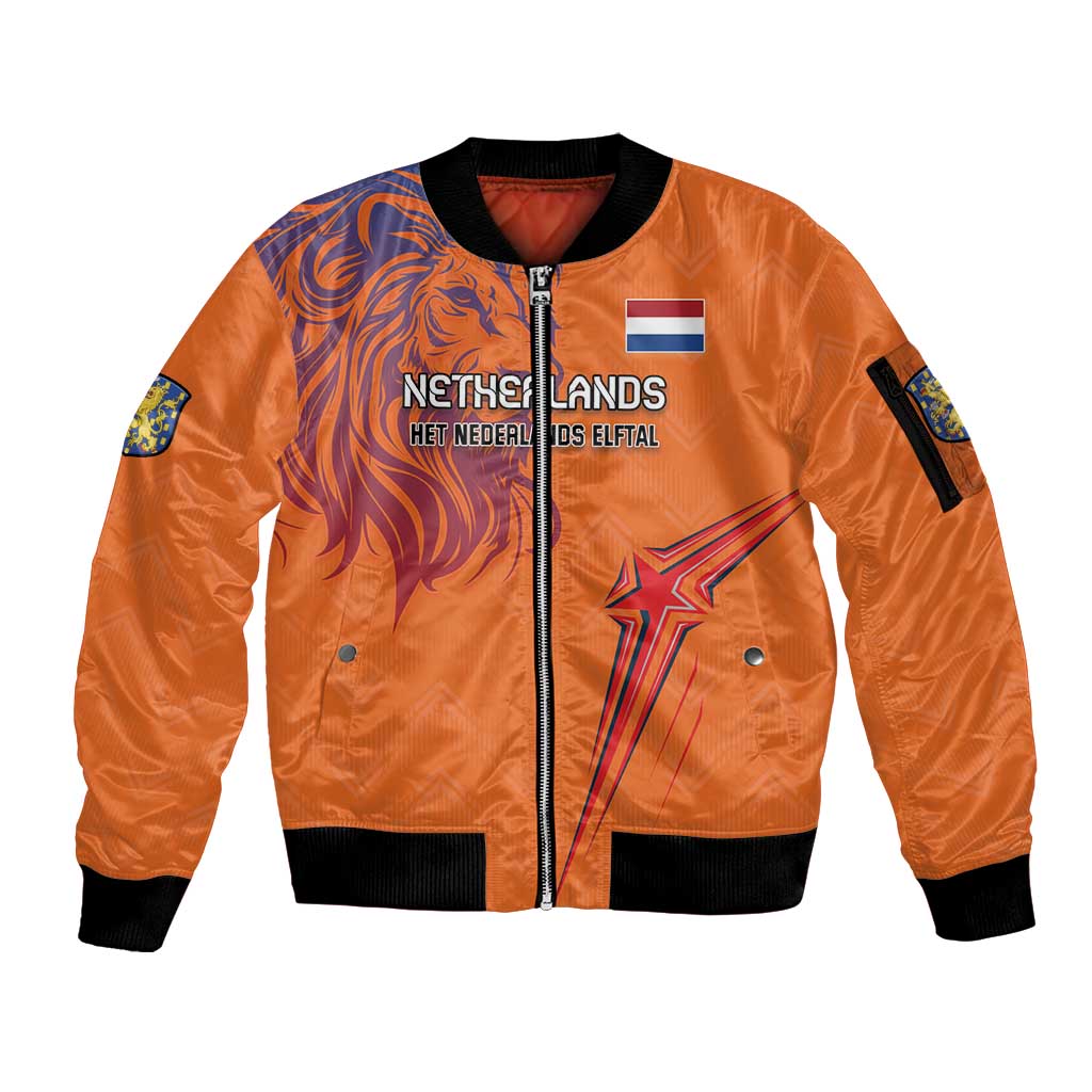Custom Netherlands Football Sleeve Zip Bomber Jacket Oranje Lion - Wonder Print Shop