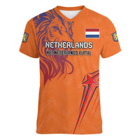 Custom Netherlands Football Women V-Neck T-Shirt Oranje Lion - Wonder Print Shop