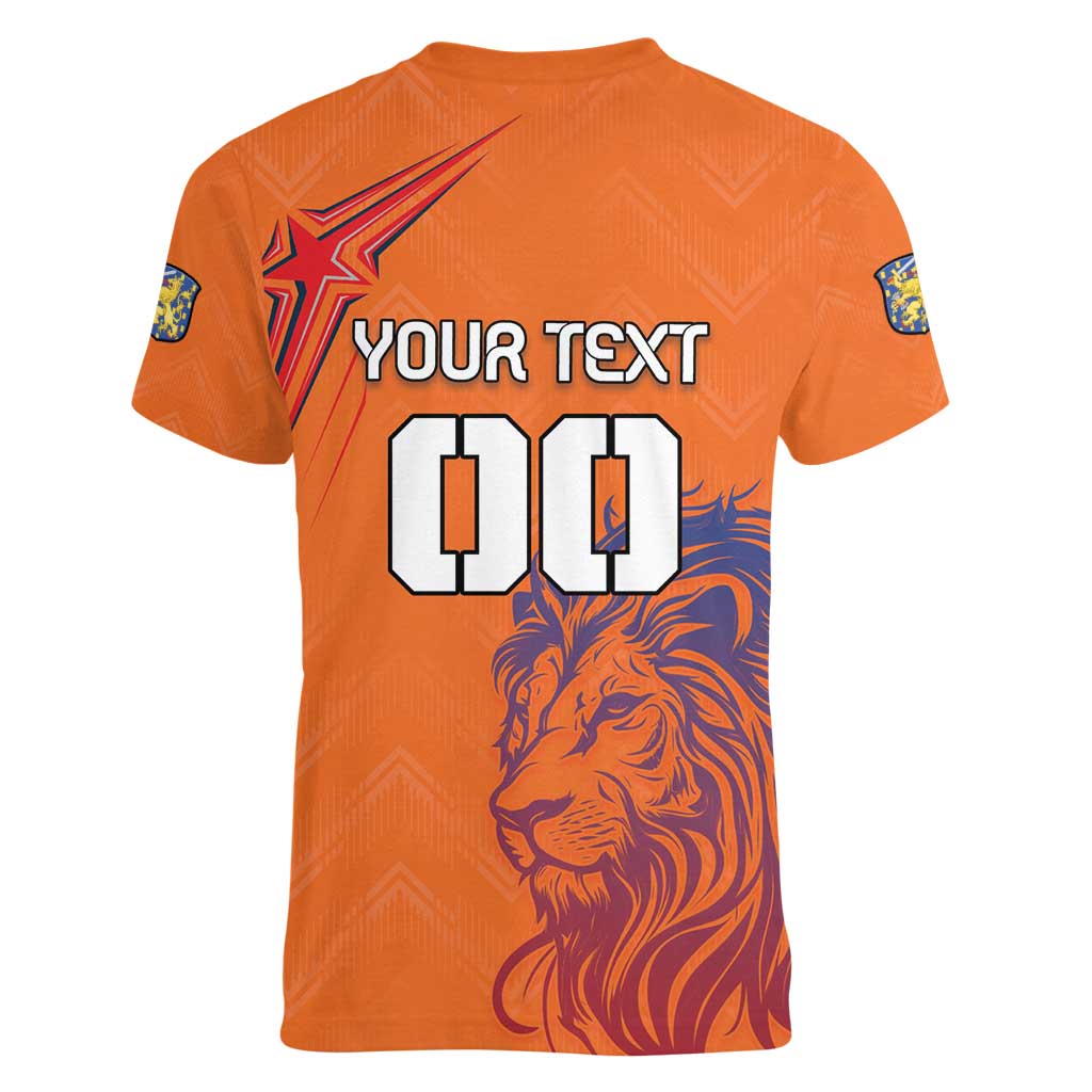 Custom Netherlands Football Women V-Neck T-Shirt Oranje Lion - Wonder Print Shop