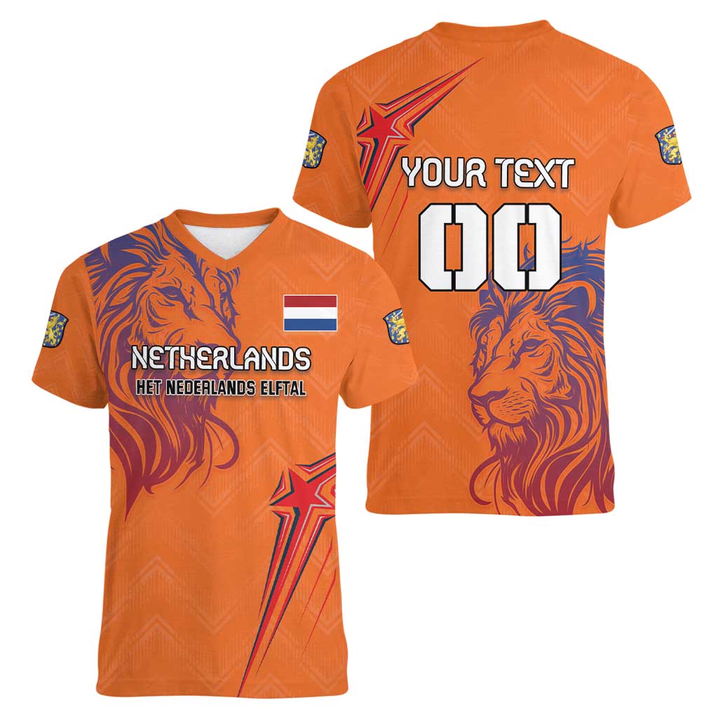 Custom Netherlands Football Women V-Neck T-Shirt Oranje Lion - Wonder Print Shop