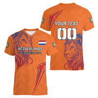 Custom Netherlands Football Women V-Neck T-Shirt Oranje Lion - Wonder Print Shop