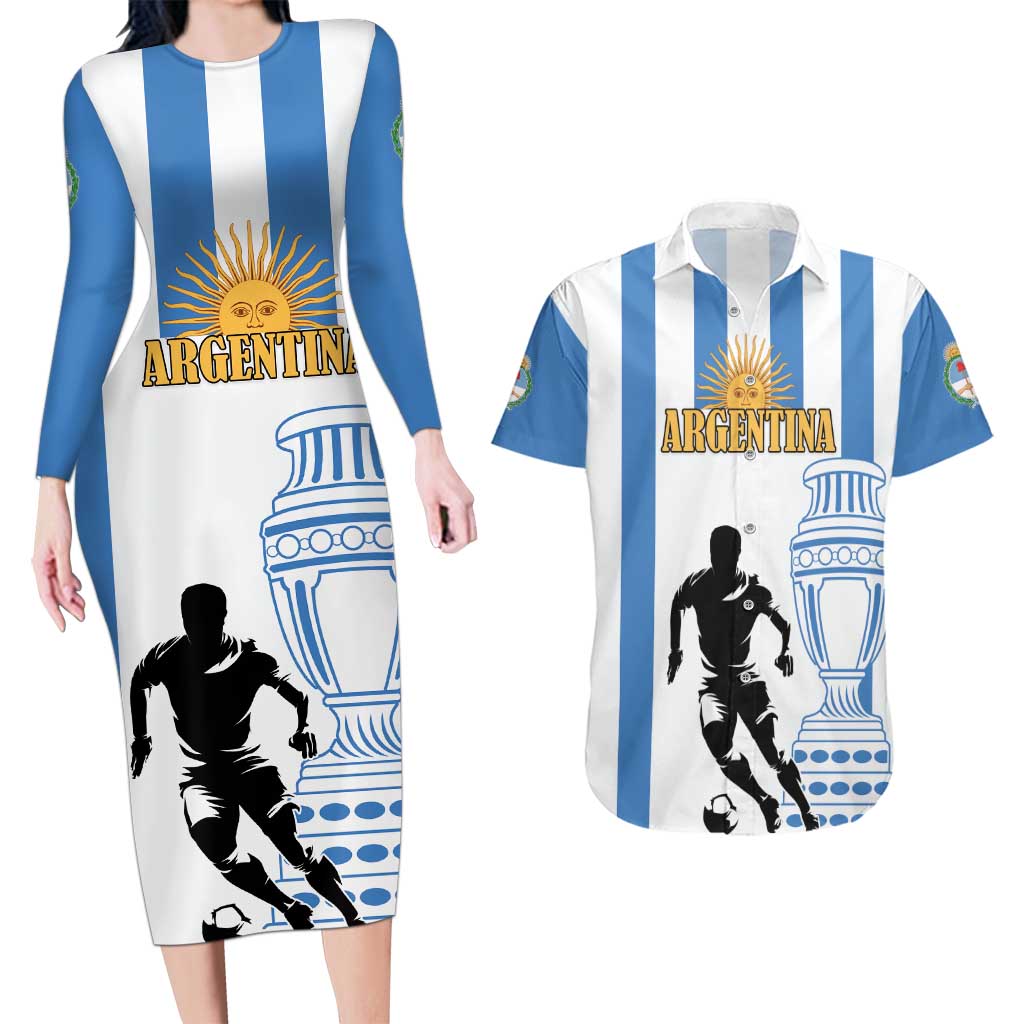 Custom Argentina Football Couples Matching Long Sleeve Bodycon Dress and Hawaiian Shirt We Are The Champions - Wonder Print Shop