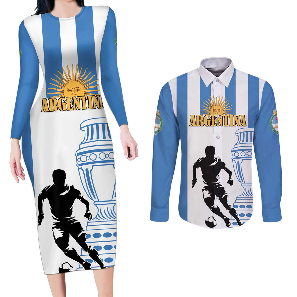 Custom Argentina Football Couples Matching Long Sleeve Bodycon Dress and Long Sleeve Button Shirt We Are The Champions - Wonder Print Shop