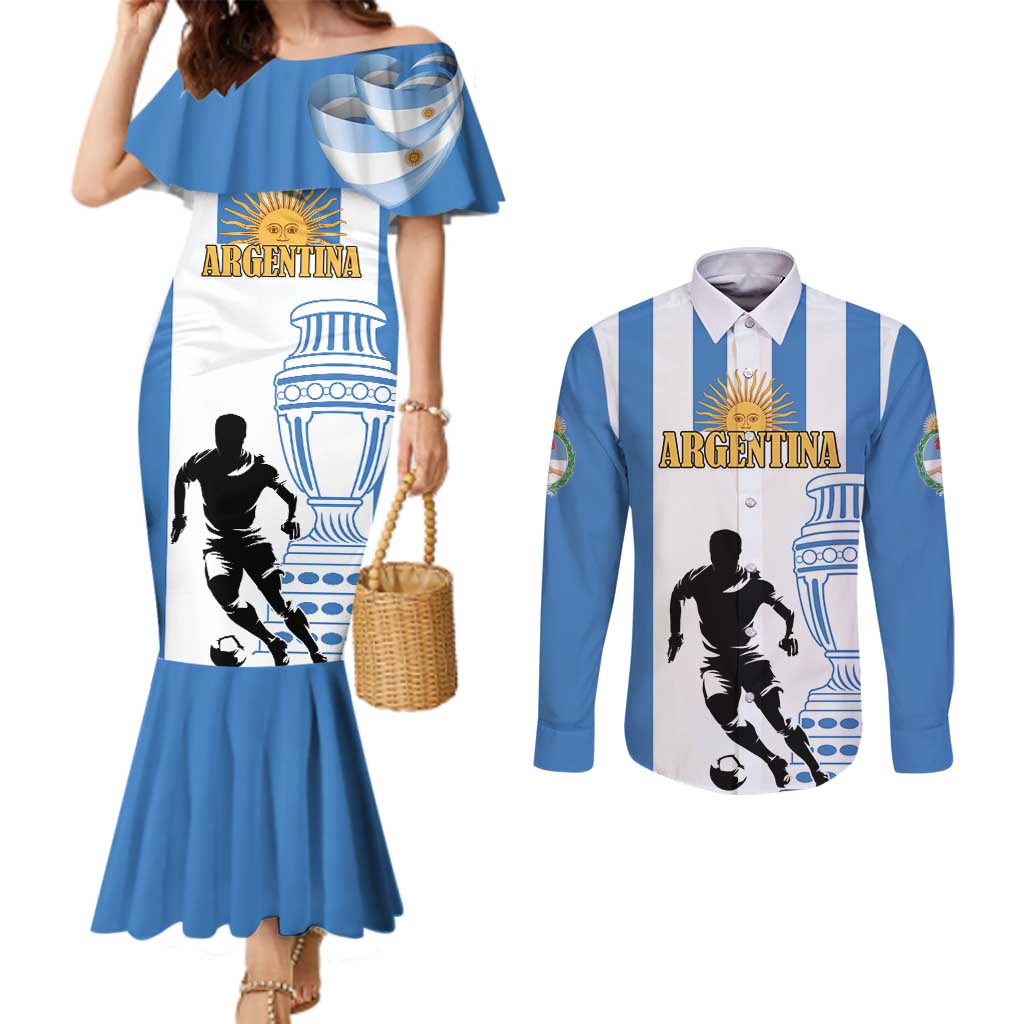 Custom Argentina Football Couples Matching Mermaid Dress and Long Sleeve Button Shirt We Are The Champions