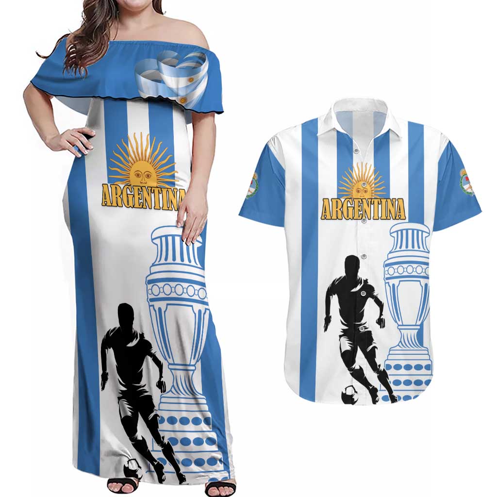 Custom Argentina Football Couples Matching Off Shoulder Maxi Dress and Hawaiian Shirt We Are The Champions - Wonder Print Shop