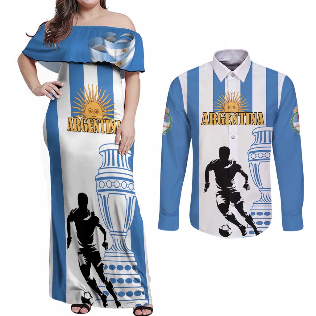 Custom Argentina Football Couples Matching Off Shoulder Maxi Dress and Long Sleeve Button Shirt We Are The Champions - Wonder Print Shop