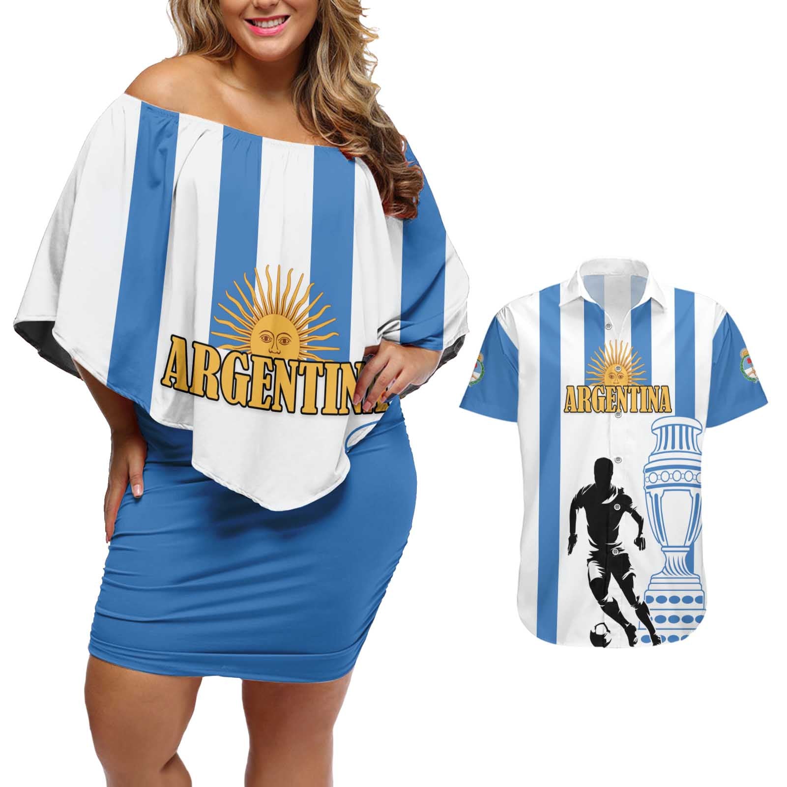 Custom Argentina Football Couples Matching Off Shoulder Short Dress and Hawaiian Shirt We Are The Champions - Wonder Print Shop