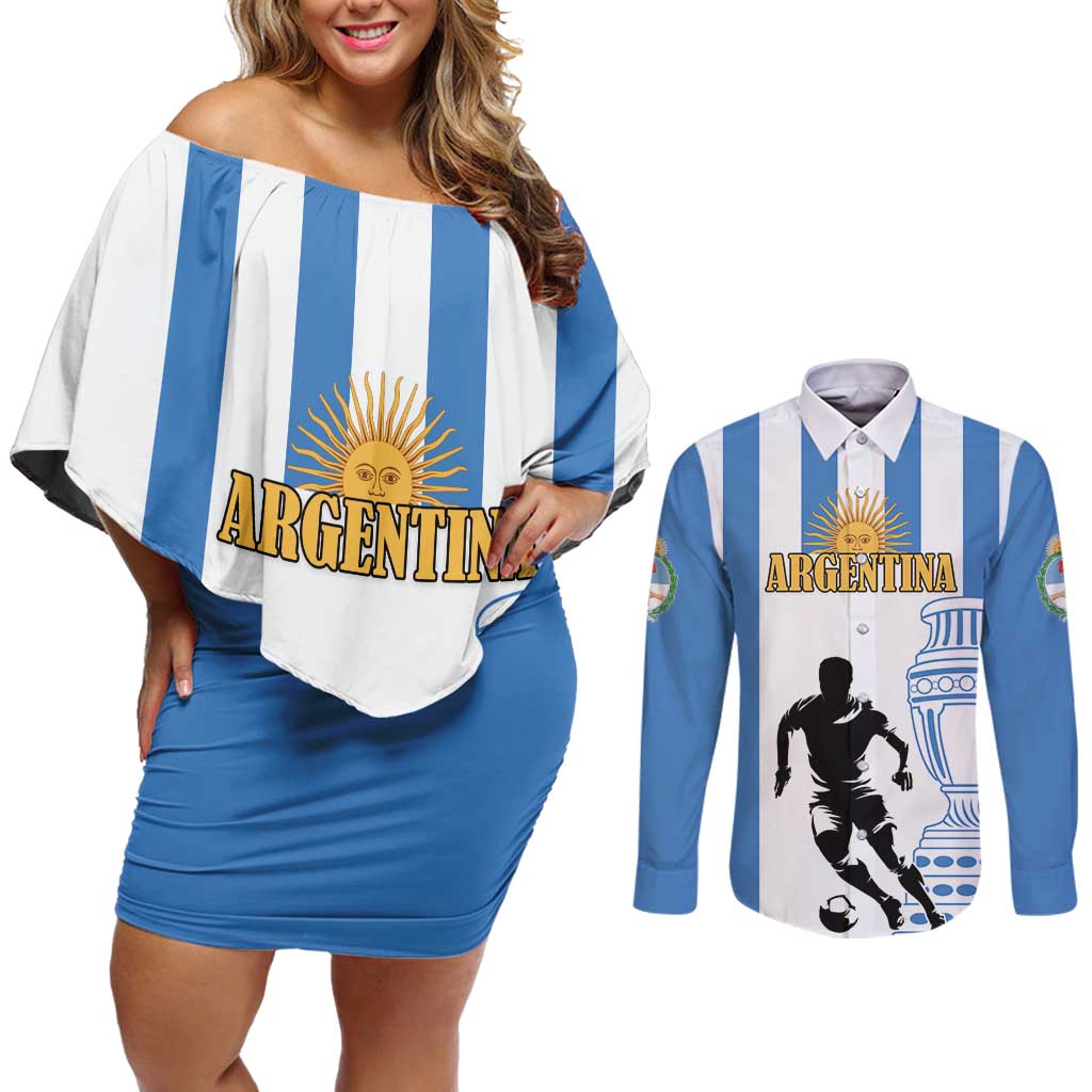Custom Argentina Football Couples Matching Off Shoulder Short Dress and Long Sleeve Button Shirt We Are The Champions - Wonder Print Shop