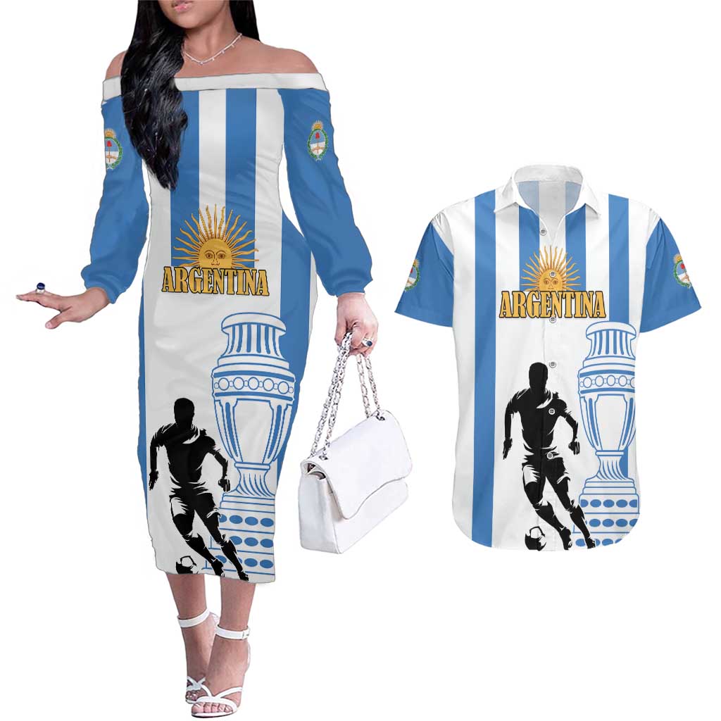 Custom Argentina Football Couples Matching Off The Shoulder Long Sleeve Dress and Hawaiian Shirt We Are The Champions - Wonder Print Shop