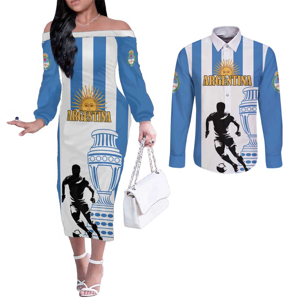 Custom Argentina Football Couples Matching Off The Shoulder Long Sleeve Dress and Long Sleeve Button Shirt We Are The Champions