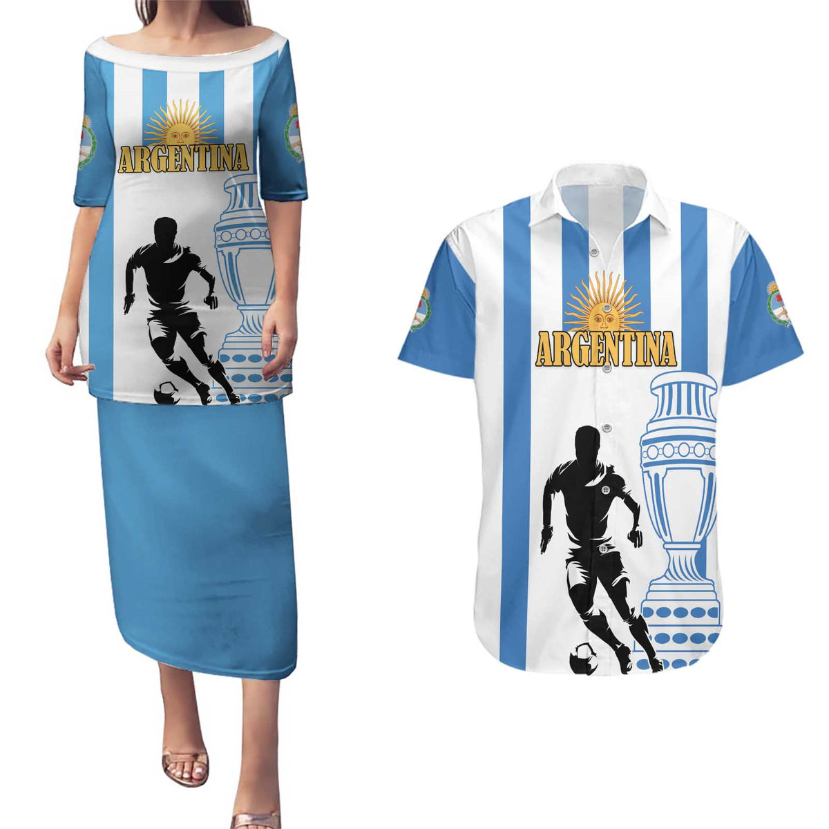 Custom Argentina Football Couples Matching Puletasi and Hawaiian Shirt We Are The Champions - Wonder Print Shop