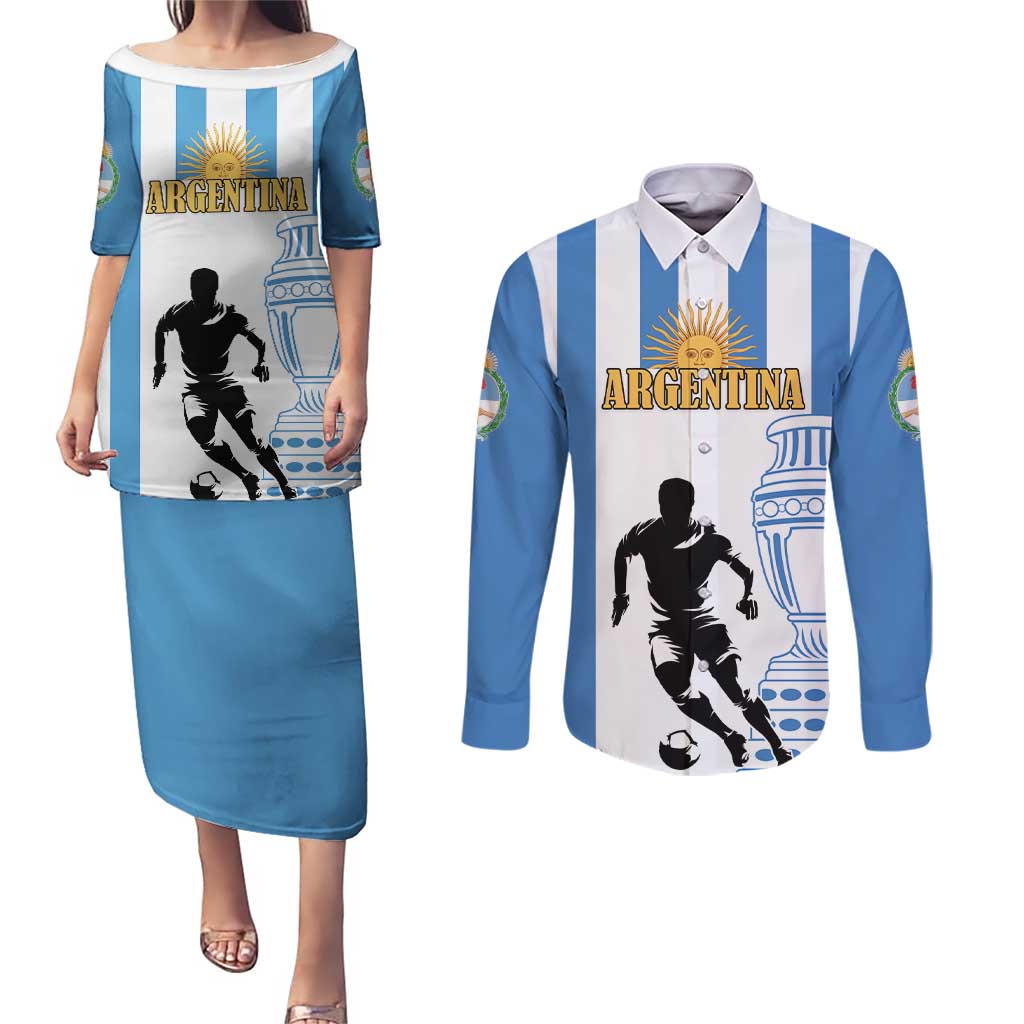 Custom Argentina Football Couples Matching Puletasi and Long Sleeve Button Shirt We Are The Champions - Wonder Print Shop