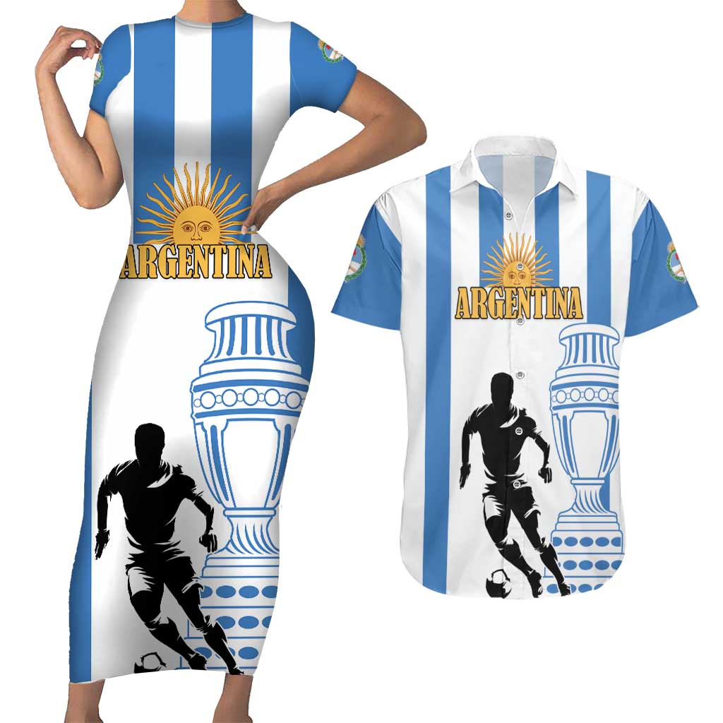 Custom Argentina Football Couples Matching Short Sleeve Bodycon Dress and Hawaiian Shirt We Are The Champions - Wonder Print Shop