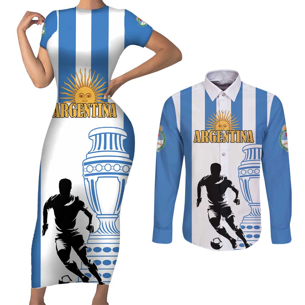 Custom Argentina Football Couples Matching Short Sleeve Bodycon Dress and Long Sleeve Button Shirt We Are The Champions - Wonder Print Shop