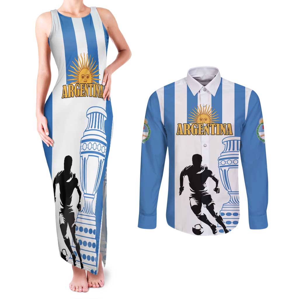 Custom Argentina Football Couples Matching Tank Maxi Dress and Long Sleeve Button Shirt We Are The Champions - Wonder Print Shop
