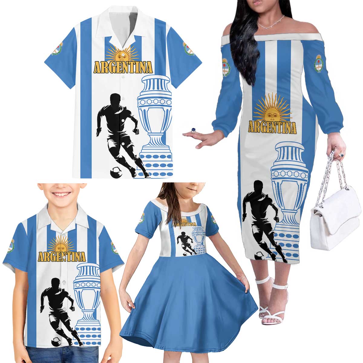 Custom Argentina Football Family Matching Off The Shoulder Long Sleeve Dress and Hawaiian Shirt We Are The Champions - Wonder Print Shop