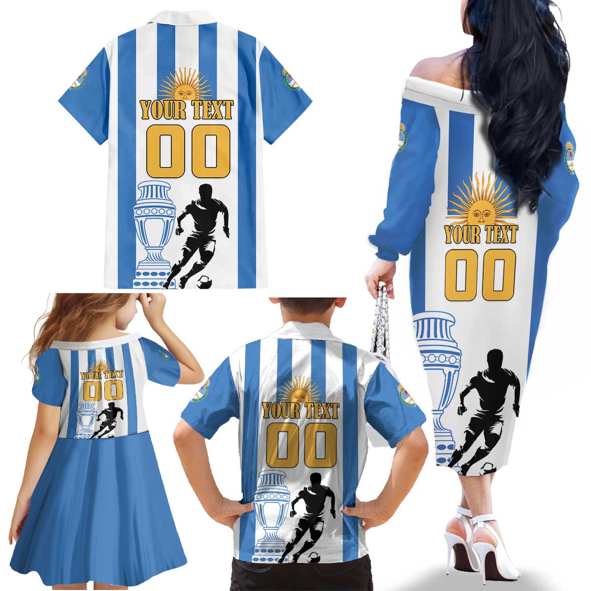 Custom Argentina Football Family Matching Off The Shoulder Long Sleeve Dress and Hawaiian Shirt We Are The Champions - Wonder Print Shop