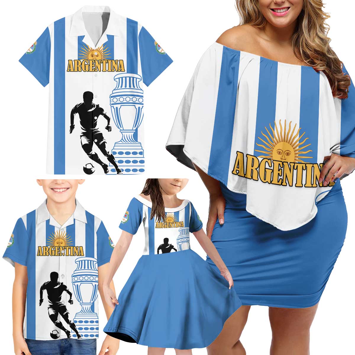 Custom Argentina Football Family Matching Off Shoulder Short Dress and Hawaiian Shirt We Are The Champions - Wonder Print Shop
