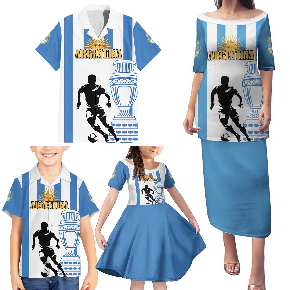 Custom Argentina Football Family Matching Puletasi and Hawaiian Shirt We Are The Champions - Wonder Print Shop