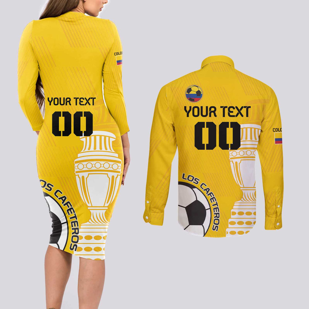Custom Colombia Football Couples Matching Long Sleeve Bodycon Dress and Long Sleeve Button Shirt Go Champions - Wonder Print Shop