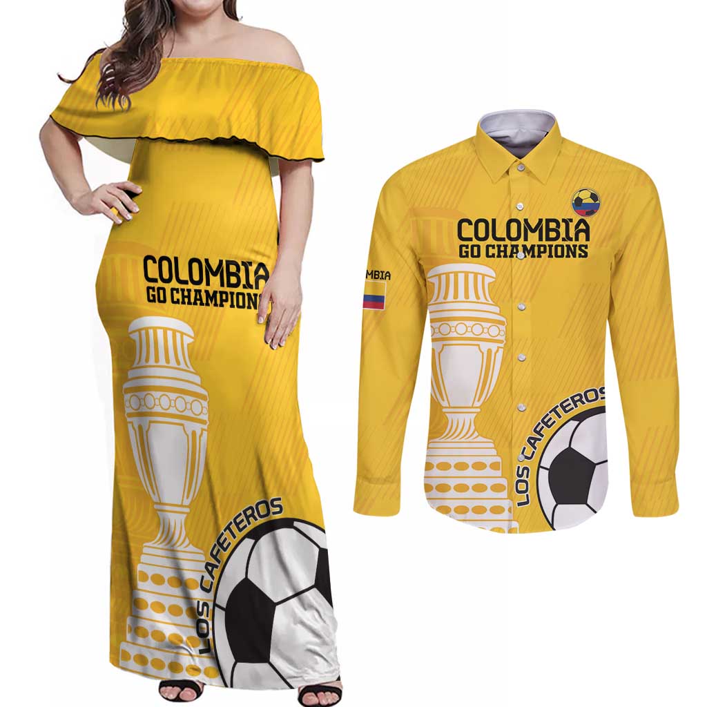 Custom Colombia Football Couples Matching Off Shoulder Maxi Dress and Long Sleeve Button Shirt Go Champions - Wonder Print Shop