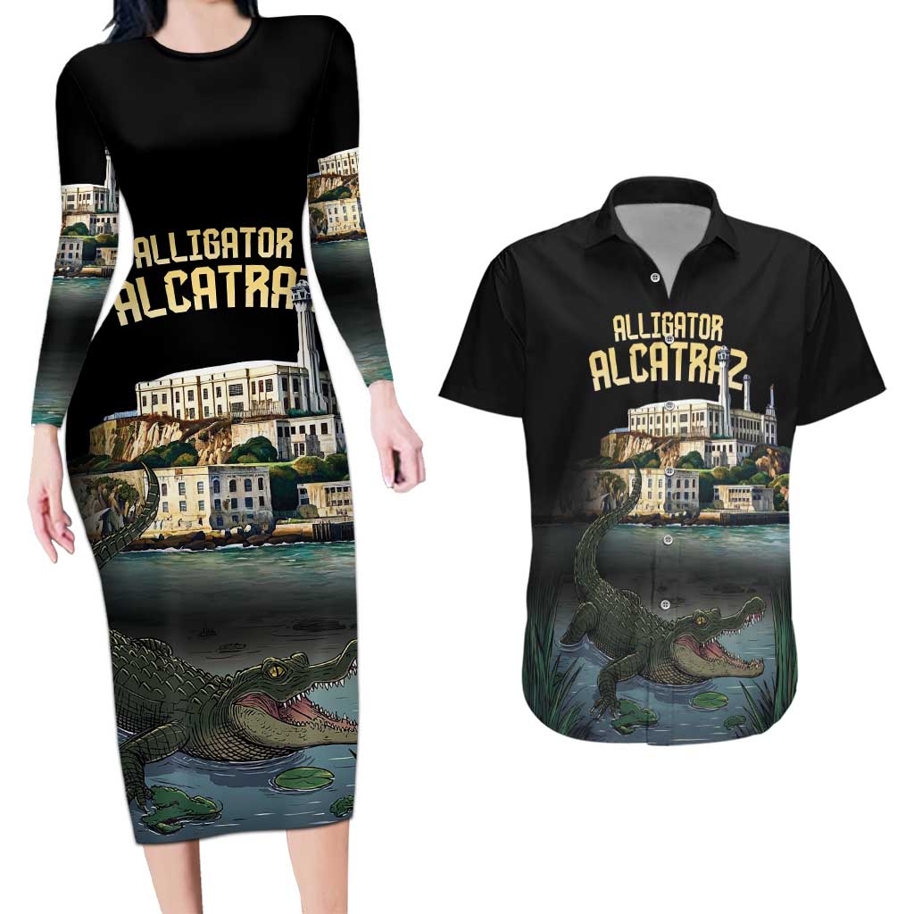 Everglades Alligator Alcatraz Florida Couples Matching Long Sleeve Bodycon Dress and Hawaiian Shirt - Wonder Print Shop