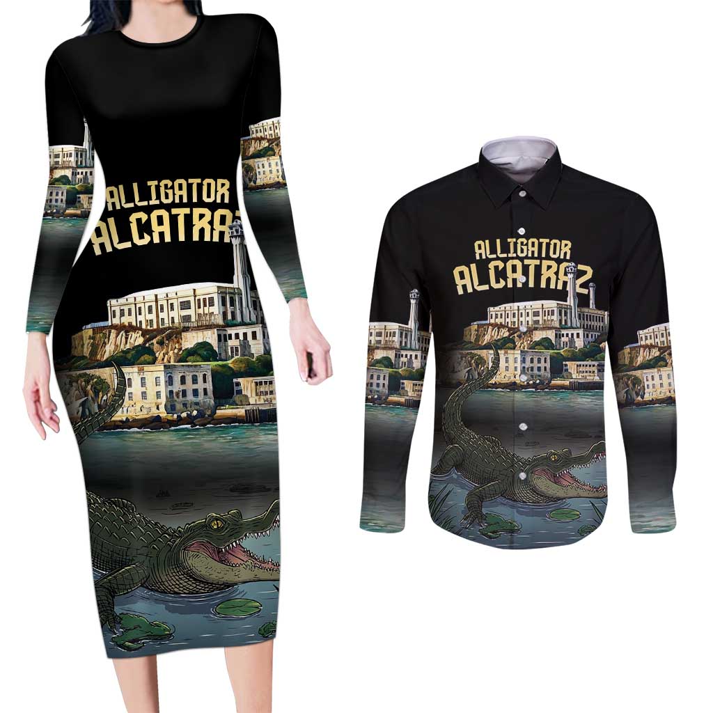 Everglades Alligator Alcatraz Florida Couples Matching Long Sleeve Bodycon Dress and Long Sleeve Button Shirt - Wonder Print Shop